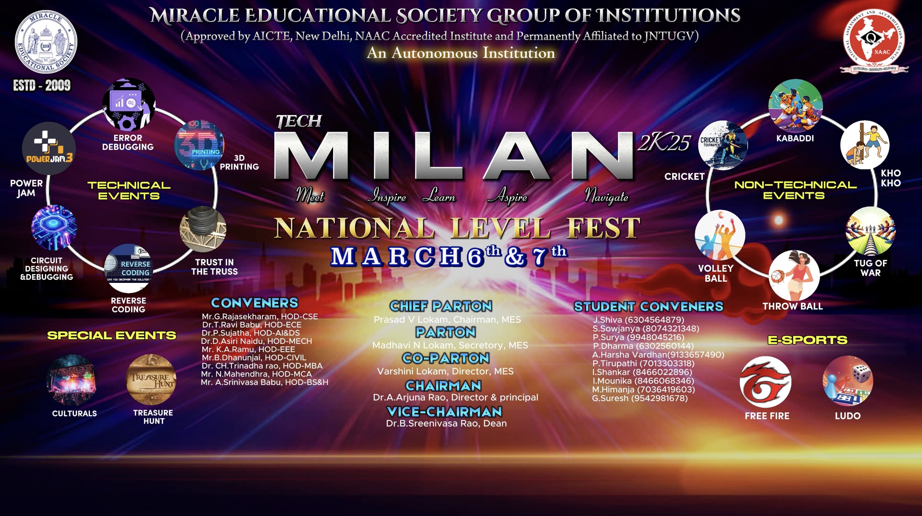 Tech Milan 2k25 National Level Fest March 6th and 7th grandly celebrated with Technical Games , Sports , Live Music Hun Gama and Cultural Entertainment