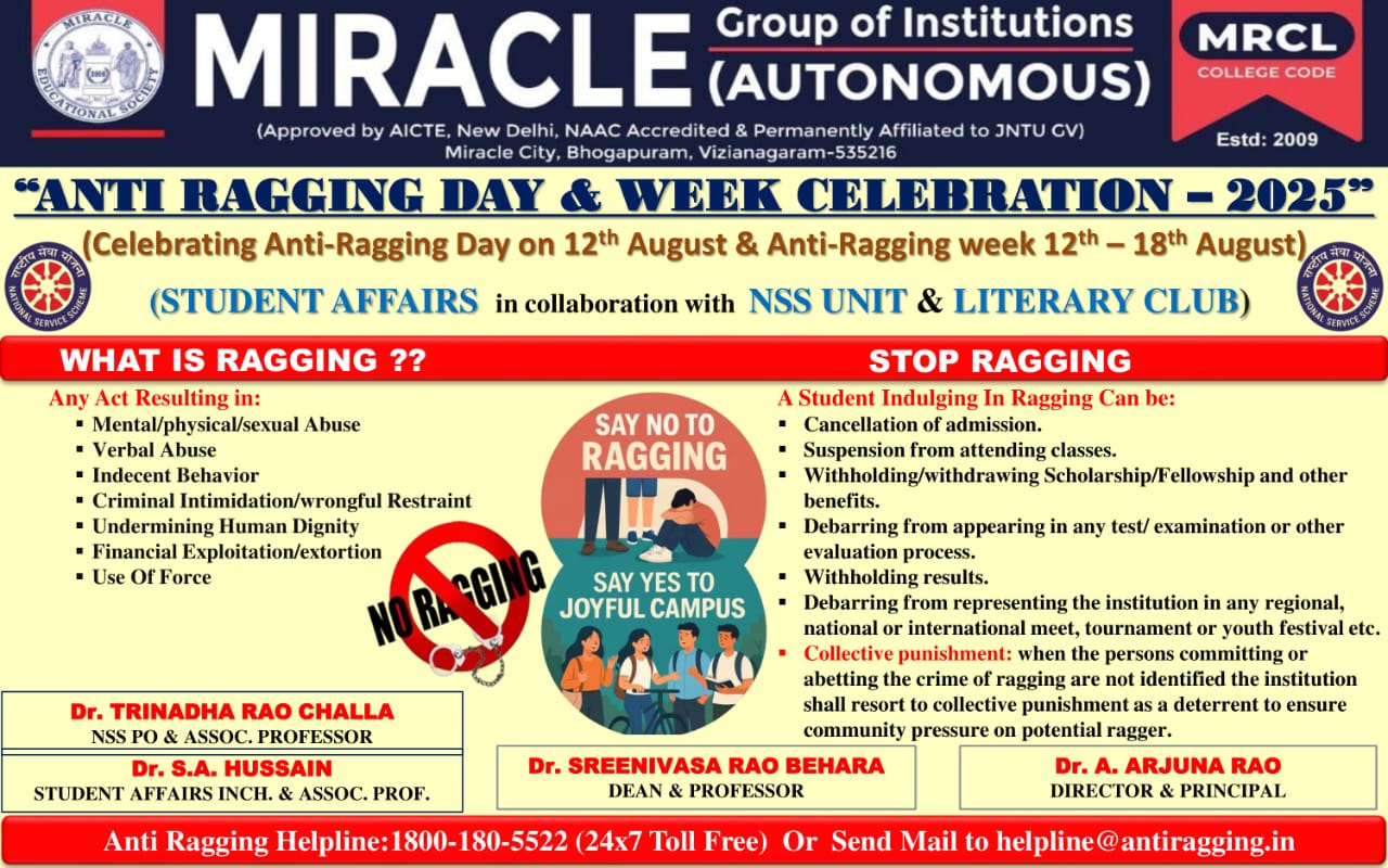 Anti Ragging Day 12th observed as Anti Ragging Week